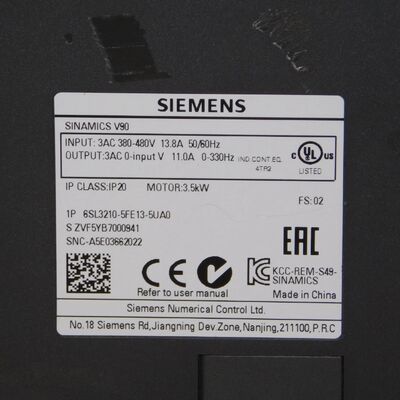 Siemens 6SL3210-5FE13-5UA0 Σερβο οδηγός SINAMICS V90 με ισχύ 3,5 kW, είσοδο 380-480 V AC και προστασία IP20